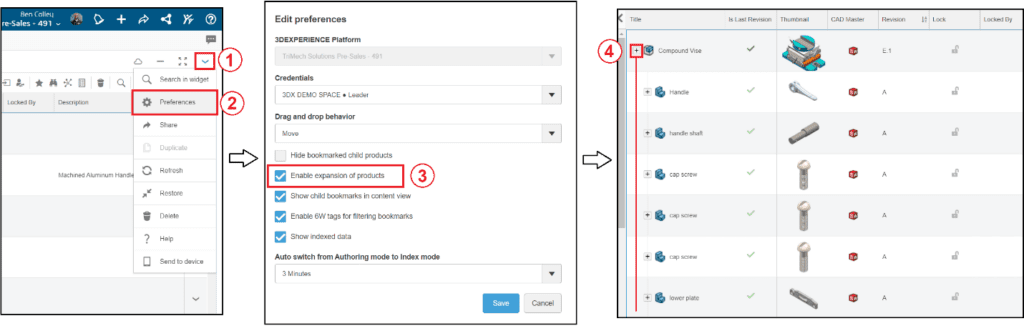 Viewing dependent items and organizing data in 3DEXPERIENCE